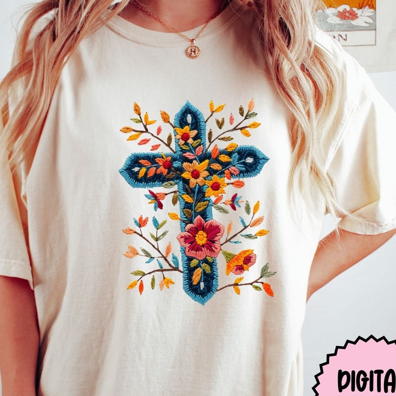 Trendy Floral Cross Faux Embroidery PNG Clipart, Cross PNG, Floral Clip Art, Flowers Clip Art, Sublimination Embroidery Digital Download image 1