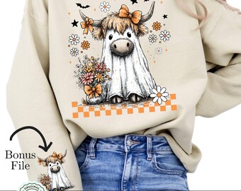 Lindo fantasma de Halloween PNG clipart, diseño de camiseta fantasma con lazo de coqueta occidental a cuadros de vaca de las Tierras Altas de Halloween, arte fantasmal de temporada espeluznante
