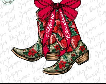 Buon Natale Western Cowgirl PNG Clipart, Coquette Christmas Poinsettia Floral Boots Bow PNG Grandmillenial Design, Preppy Sublimation