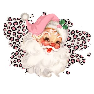 May include: A pink and white Santa Claus head with a pink hat and a white beard, against a pink and black leopard print background.