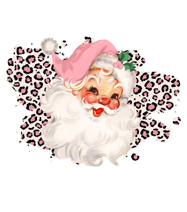 May include: A pink and white Santa Claus head with a pink hat and a white beard, against a pink and black leopard print background.