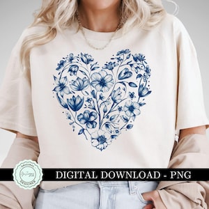 Trendy Valentine Blue Chinoiserie Heart PNG Clipart, Cute Blue Toile Floral Heart png Valentine png, Love Sublimation Shirt Willow Design