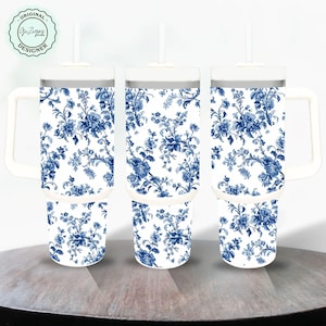 Trendy Blue Chinoiserie 40 oz Tumbler Wrap, Preppy Blue Floral 40oz Tumbler with Handle Design,  Tumbler Design, Grandmillennial PNG Wraps
