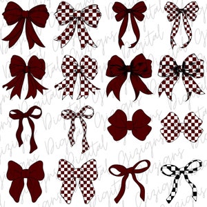 Maroon Checkered Bow Y2K Dark Coquette PNG ClipArt Maroon Bows Checker Bow Preppy Checkerboard Retro Black Ribbon Sublimation Design UV DTF