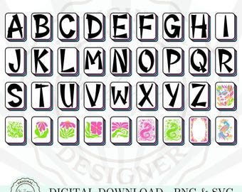May include: A collection of Mahjong tile letters, each with a black letter on a white background. The tiles include the alphabet from A to Z, plus decorative tiles with floral and animal designs. The text "MAHJONG TILE LETTERS" is at the top.