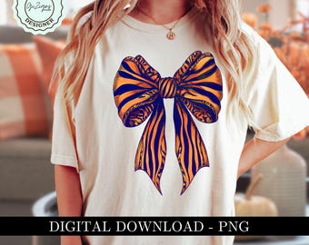 Blauw en oranje coquette voetbal boog png, streep tijger boog clipart, tijgers voetbalwedstrijd dag sublimatie shirt ontwerp herfst voetbal mama