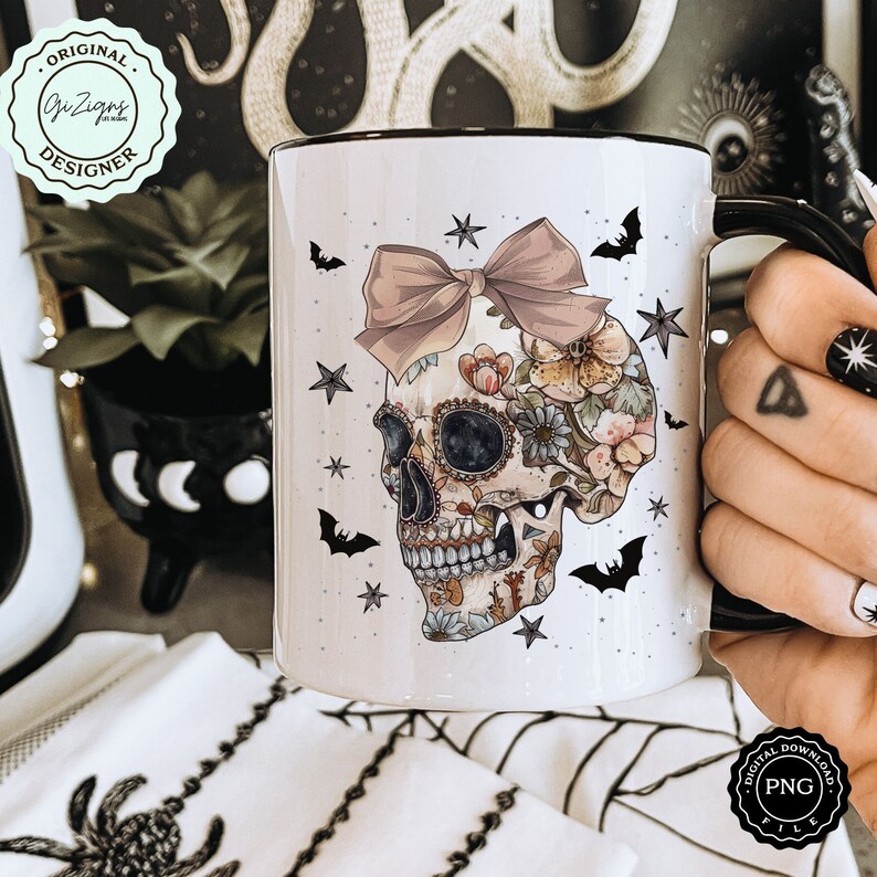 Trendig blommig Boho Halloween PNG Vintage Halloween PNG Dödskalle Clipart, Spooky Season Skelett PNG Gothic Horror Sublimation Design Collage bild 9