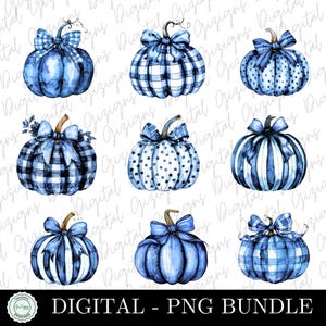 Trendy Blue Pumpkin Clipart Bundle, Halloween Coquette Bow Blue Pumpkins, Plaid Pumpkin, Striped Fall Watercolor Polka Dot Digital Design