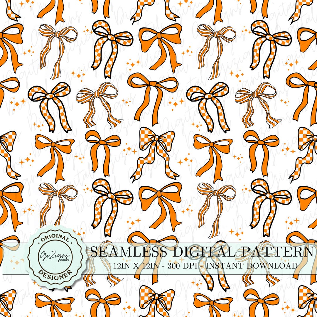 Orange Coquette Bow Seamless Pattern PNG SVG, Cute Stripe Checkered Bow ...