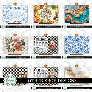 May include: A collection of decorative kitchen cutting boards with various designs. Some feature floral patterns, fruit illustrations, and kitchen conversion charts. The boards have wooden handles and are labeled "Digital Download - PNG."