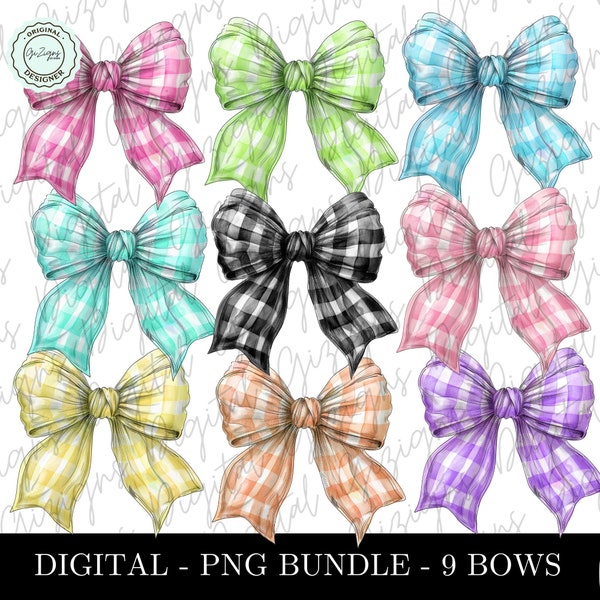 Trendy Checkered Coquette Bow PNG, Pastel Bow Bundle Ribbon Soft Girl Aesthetic Sublimination Digital Design Clipart Pink Black Green Purple