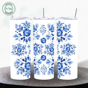 Blue Willow Tumbler Wrap PNG, Blue Chinoiserie Floral Folk Art Wrap, Blue Flowers, Delft  20 oz. Skinny Tumbler Grandmillenial Sublimation