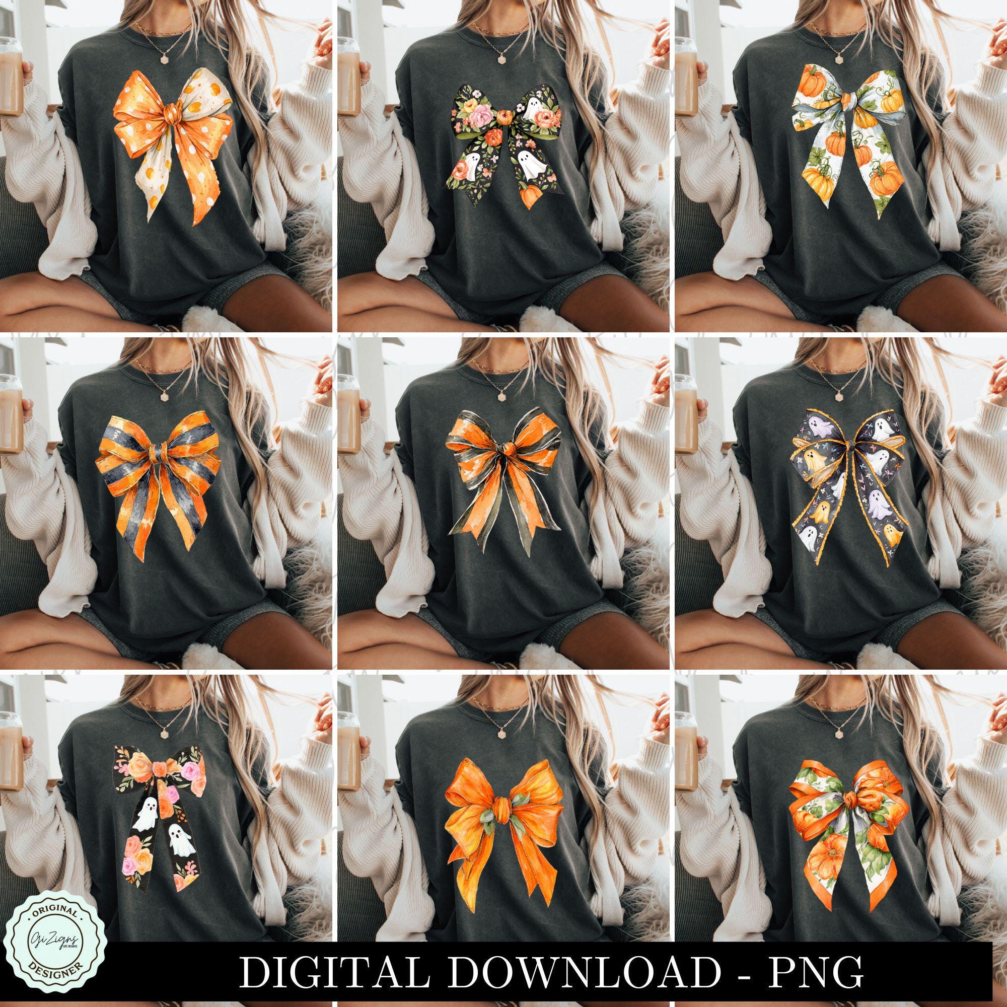 Trendy Halloween Coquette Bow PNG, Cute Spooky Season Bow Bundle Ribbon Fall Bow Sublimation Digital Design Clipart Ghosts Pumpkins Kids