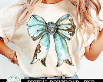 Lazo con estampado de vaca png, Lazo de coqueta png, Camisa de música country de vaquera coqueta turquesa Rodeo png Diseño de sublimación de vaquera occidental Clipart