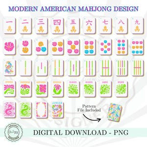 Trendige Mahjong Tile Set PNG Clipart, rosa blau Mahjong druckbare nahtlose Muster Hintergrund, Mahj Party digital druckbare sofortiger Download