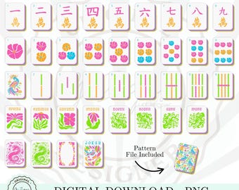 May include: A set of Modern American Mahjong tiles with a white background. The tiles feature various symbols, numbers, and floral designs in pink, orange, green, and blue. The text "Modern American Mahjong Design" is at the top, and "Digital Download - PNG" is at the bottom.