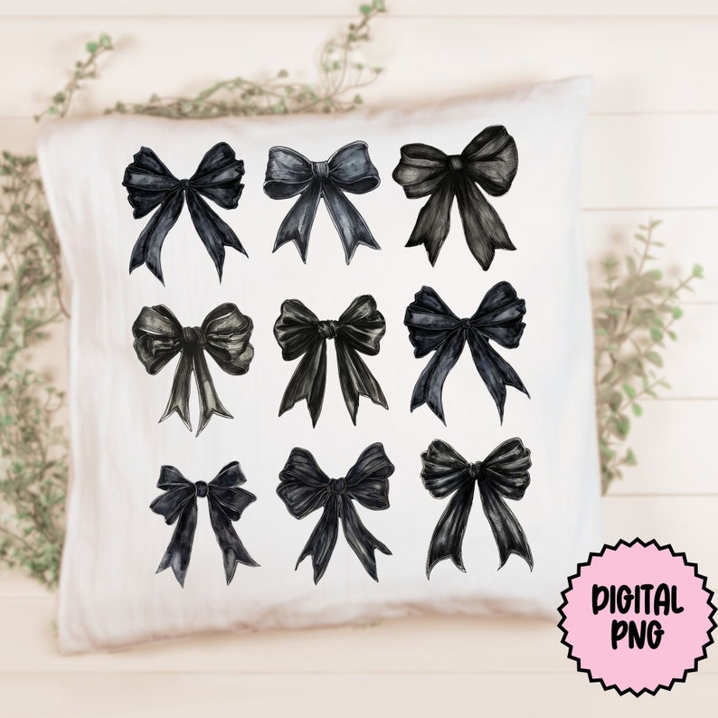 May include: Twelve black watercolor bows on a white background. The bows are arranged in three rows of four. The bows are all different shapes and sizes.