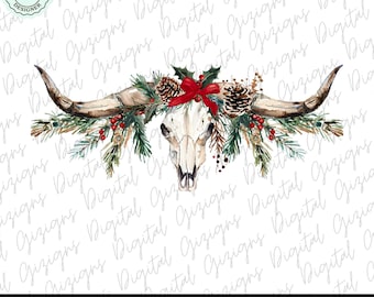 Clipart PNG di Natale Western, fiocco Longhorn floreale di Natale Coquette PNG Grandmillenial Design PNG, design di sublimazione di Natale country