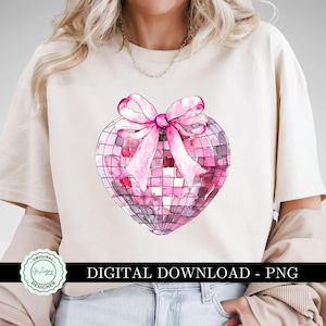 Trending Herz kokett Disco Ball PNG Clipart Grafik, Valentine Rosa Schleife Girly Clip Art, Weiches Mädchen Ästhetik Neujahr Y2K Shirt Design