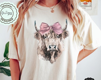 Highland Cow PNG, Pink Bow Coquette Cowgirl Heifer Girlie Country Western Clipart, Trendy Feminine Rodeo Aesthetic Sublimination Commercial