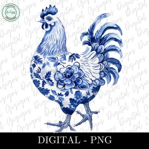 Trendy blauwe bloemen kip png-clipart, illustraties Blue Willow, Delfts blauwe chinoiserie kip bloemen, sublimatie digitaal png-ontwerp