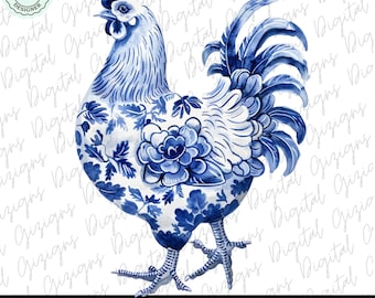 Tendance floral bleu poulet PNG Clipart, saule bleu Clip Art, fleurs de poulet chinoiseries bleu de Delft, sublimation numérique PNG