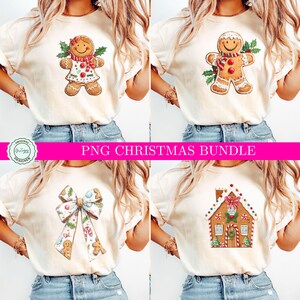 May include: Four cream-colored t-shirts with Christmas-themed designs. The designs include a gingerbread person, a gingerbread house, and a bow with gingerbread men and candy canes. The text "PNG CHRISTMAS BUNDLE" is displayed across the image.