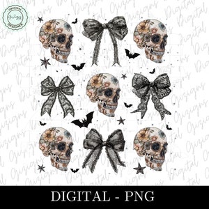 May include: Digital PNG file featuring a repeating pattern of floral sugar skulls, black lace bows, bats, and stars. The skulls have colorful floral designs. The text "DIGITAL - PNG" is at the bottom.