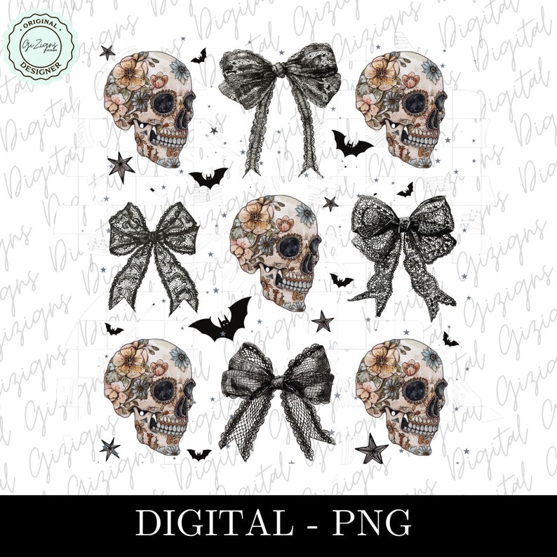 May include: Digital PNG file featuring a repeating pattern of floral sugar skulls, black lace bows, bats, and stars. The skulls have colorful floral designs. The text "DIGITAL - PNG" is at the bottom.