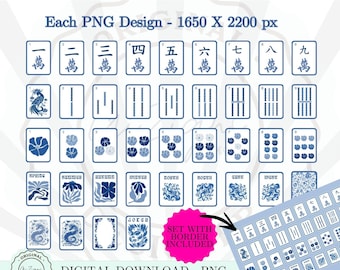 Mahjong utskrivbar PNG, blå Toile Chinoiserie Mahjong-kakel Clipart, digitalt utskrivbara Mahjong-kakel, Mahj Party American Mah Jongg nedladdning