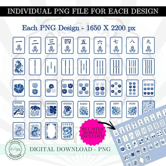Mahjong Printable PNG, Blue Toile Chinoiserie Mahjong Tile Clipart, Digital Printable Mahjong Tiles, Mahj Party American Mah Jongg Download