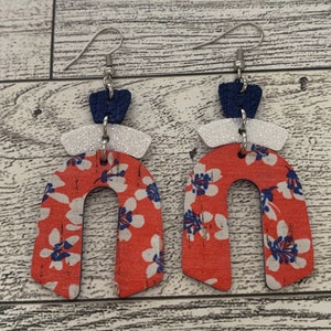 Patriotic Dangle Earrings: Red White Blue Floral Leather