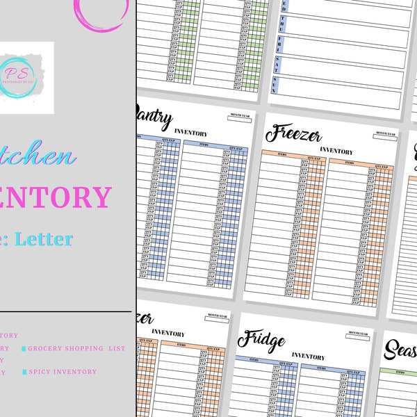 Kitchen Inventory, Printable Kitchen Inventory, Kitchen List for Organizing, Food Inventory, Food Inventory Tracker, Letter Size.