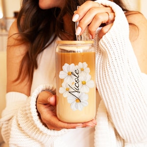 Personalized Iced Coffee Cup, 16oz Glass Cup, Custom Beer Can Glass with Lid and Straw, Bridesmaid Gift, Bridesmaid Proposal