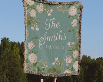 Personalized Family Name Blanket, Floral Woven Cotton Anniversary Gift