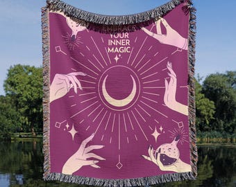 Witchy Woven Blanket: Mystical Moon, Stars, and Magic