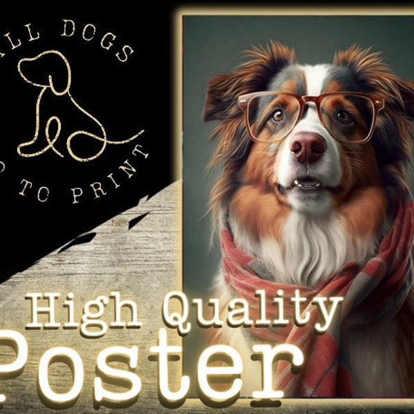 Hipster Australian Shepherd (Red Tri-Color) Dog Portrait Vertical Poster | Dog Art | Wall Art