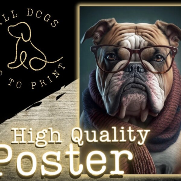 Hipster Bulldog Dog Portrait Vertical Poster | Dog Art | Wall Art