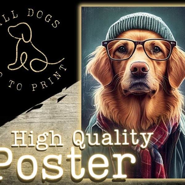 Hipster Golden Retriever Dog Portrait Vertical Poster | Dog Art | Wall Art