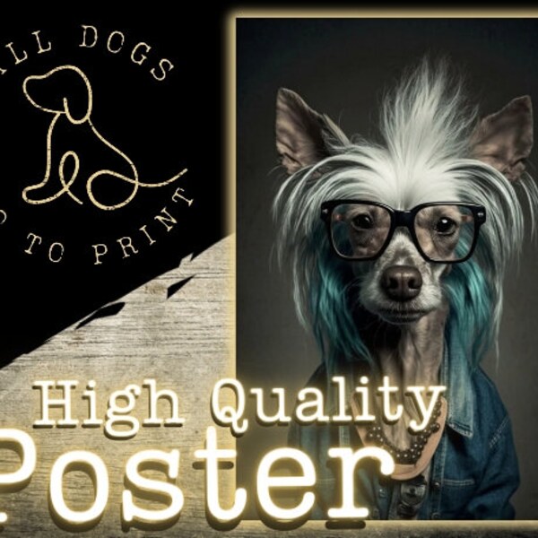 Hipster Chinese Crested Dog Portrait Vertical Poster | Dog Art | Wall Art