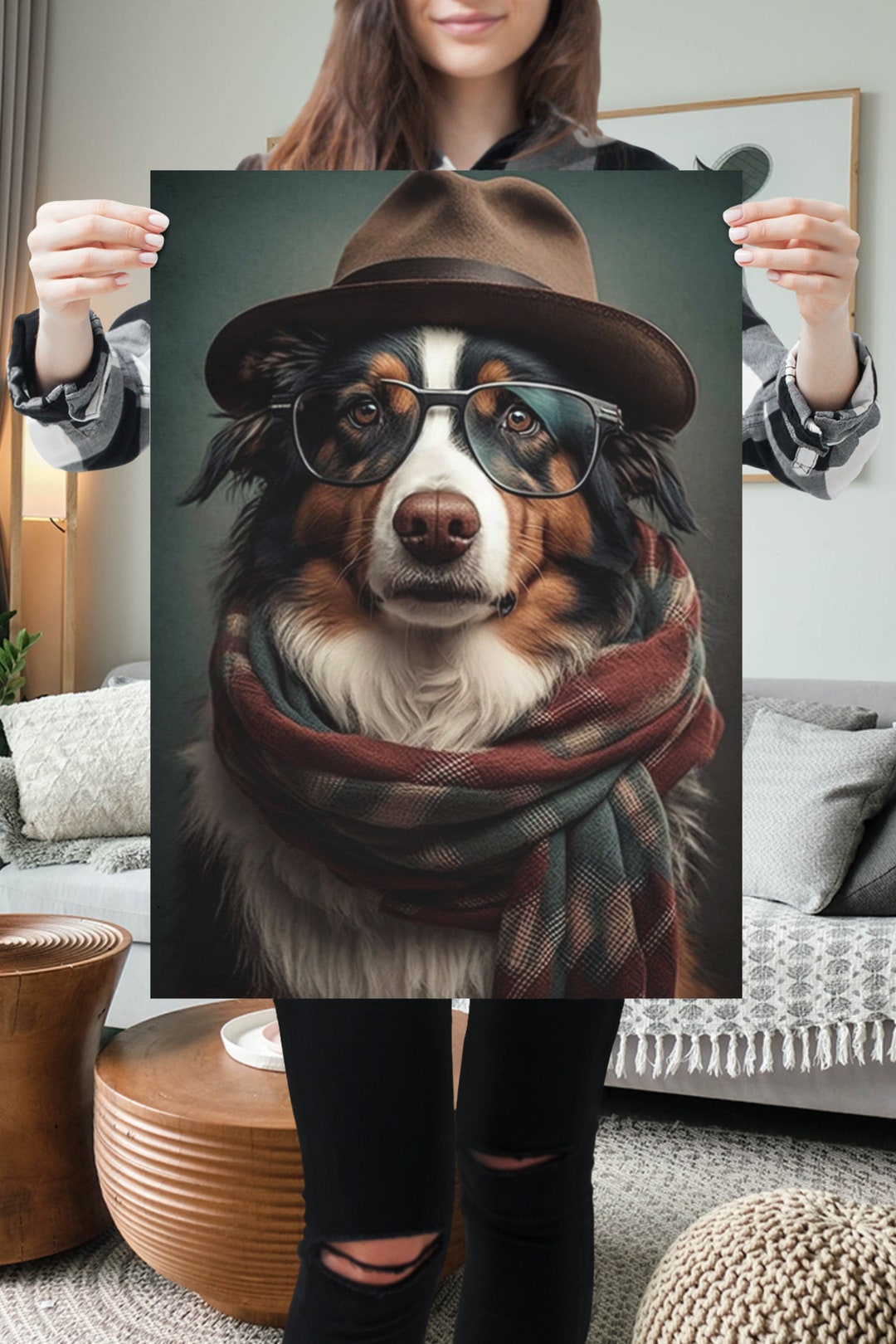 Hipster Australian Shepherd Wall Art AI Art Dog Art Digital Download Printable Poster 24in X