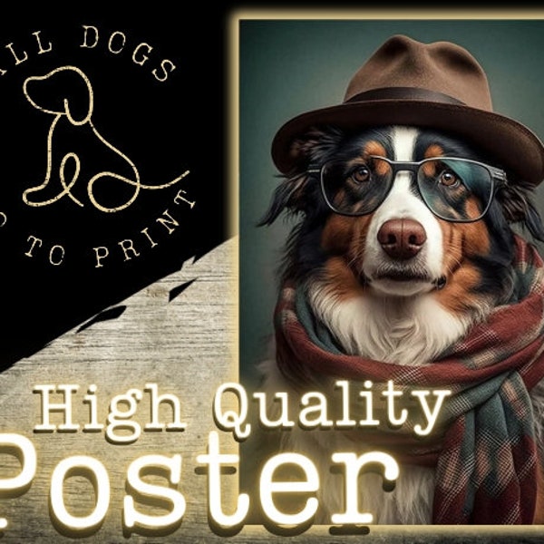 Hipster Australian Shepherd Dog Portrait Vertical Poster | Dog Art | Wall Art