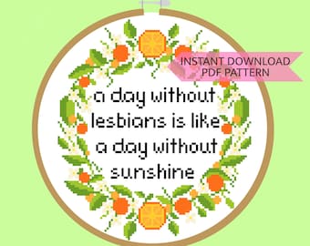 Lesbian Pride Historical Phrase “A Day Without Lesbians Is Like A Day Without Sunshine” Cross Stitch Pattern PDF