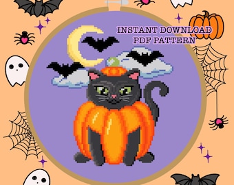 May include: A cross-stitch pattern featuring a black cat dressed as a pumpkin with a crescent moon, bats, and clouds in the background. The pattern is in a purple hoop with the text "INSTANT DOWNLOAD PDF PATTERN".