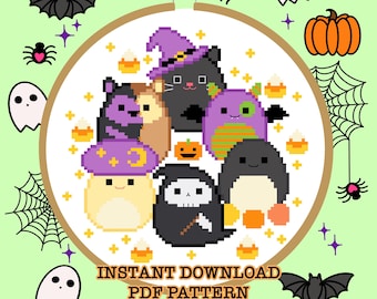 May include: Cross stitch pattern featuring a group of cute Halloween characters including a cat, a ghost, a pumpkin, a bat, and a spider. The pattern is in a hoop and includes the text "INSTANT DOWNLOAD PDF PATTERN".