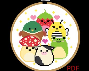 May include: A cross-stitch pattern featuring a group of cute cartoon animals and fruit, including a cow, a mushroom, a frog, a bee, a strawberry, and a bird. The pattern is in a round hoop and includes the text "PDF PATTERN".