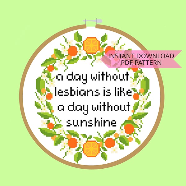 Lesbian Pride Historical Phrase “A Day Without Lesbians Is Like A Day Without Sunshine” Cross Stitch Pattern PDF