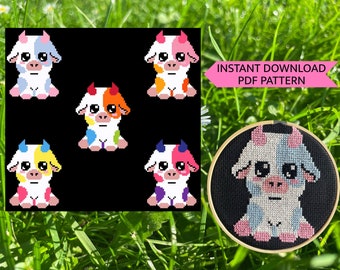 LGBTQ Pride Colored Mini Chibi Cows Cross Stitch Pattern PDF Instant Download
