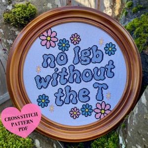 Könnte beinhalten: Rund gerahmtes Kreuzstich-Kunstwerk mit dem Text "no lgb without the T" in blauen Buchstaben. Das Design umfasst rosa, blaue und gelbe Blumen und Sternakzente. Der Rahmen ist hellbraun. Ein rosa herzförmiges Etikett lautet "Cross Stitch Pattern PDF".