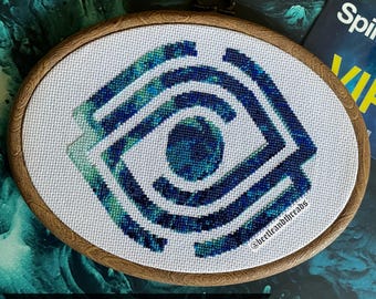 May include: A cross stitch pattern of a blue and green eye design in a wooden oval frame. The pattern is on white Aida cloth and is framed with a dark brown wood.